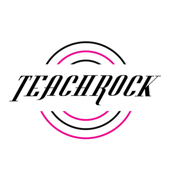 TeachRock Logo with pink and black circles surrounding the words
